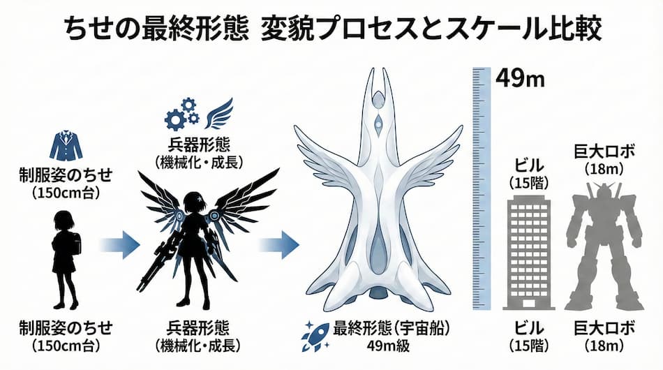 ちせの最終形態変貌プロセスとスケール比較の図解