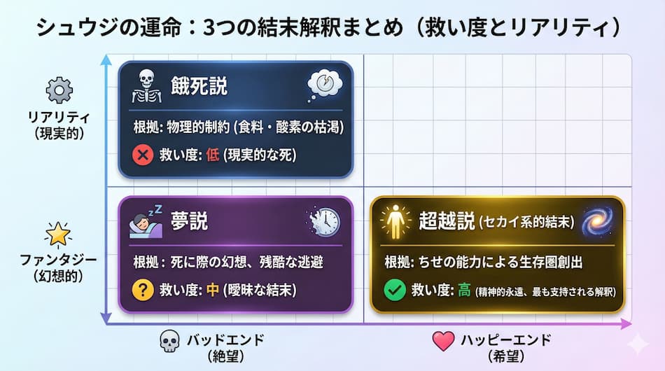 シュウジの運命：3つの結末解釈まとめの図解