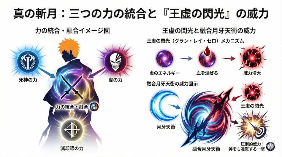 真の斬月:3つの力の統合と王虚の閃光の威力の図解