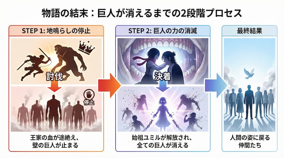 物語の結末・巨人が消えるまでの2段階のプロセスの図解