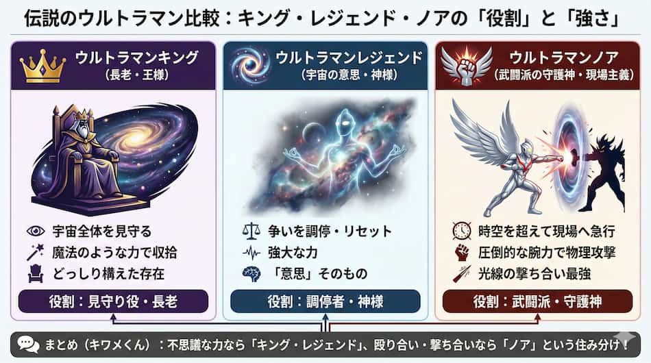 「ウルトラマン ノア」「ウルトラマンキング」「レジェンド」との比較の図解