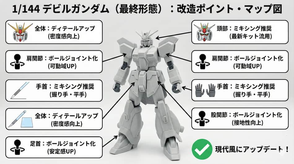 144分の1デビルガンダム:改造ポイント・マップ図