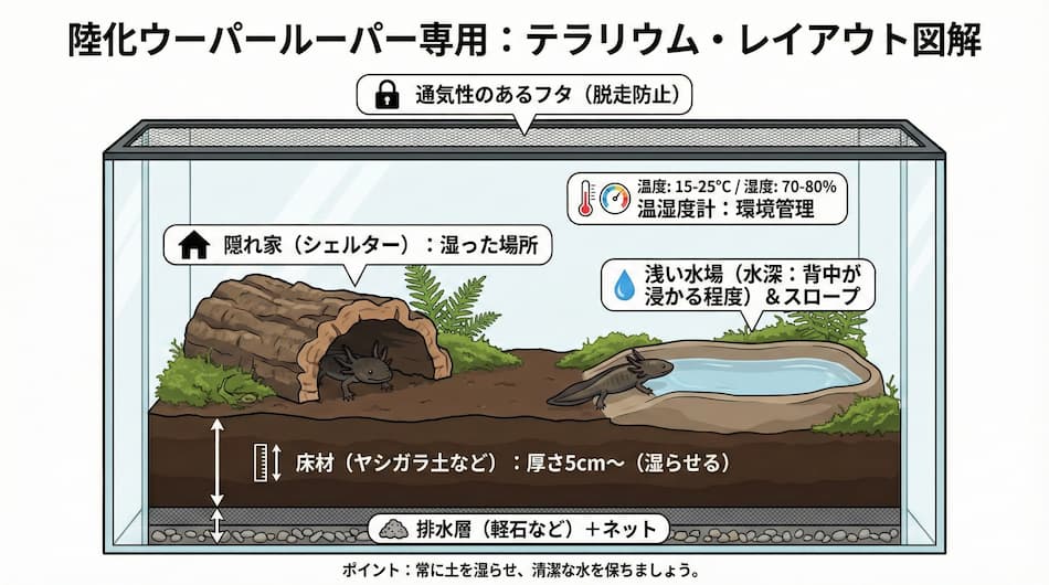 「ウーパールーパー 最終形態」陸化個体の適切な飼育環境やエサやりの解説図解