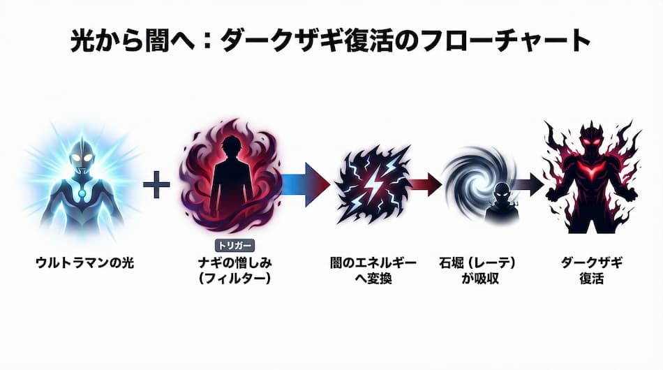ダークサギ復活のメカニズムのフロー図