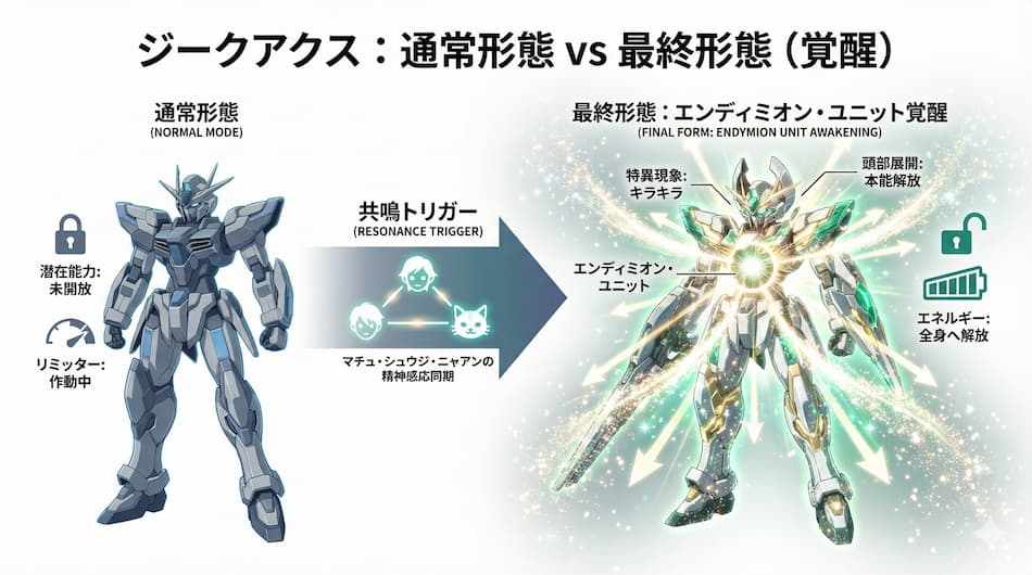 ジークアクス「通常形態」と「最終形態（覚醒時）」の比較相関図