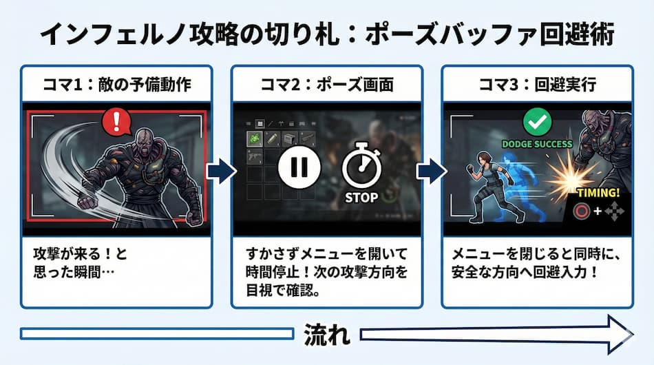 インフェルノ攻略の切り札：ポーズバッファ回避術の図解