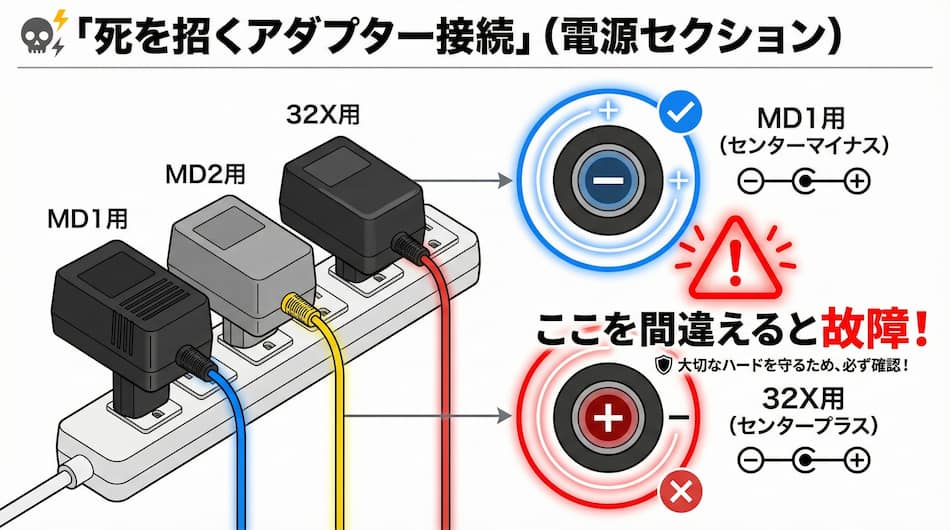 メガドラ タワー「故障を招くアダプター接続」の解説図解