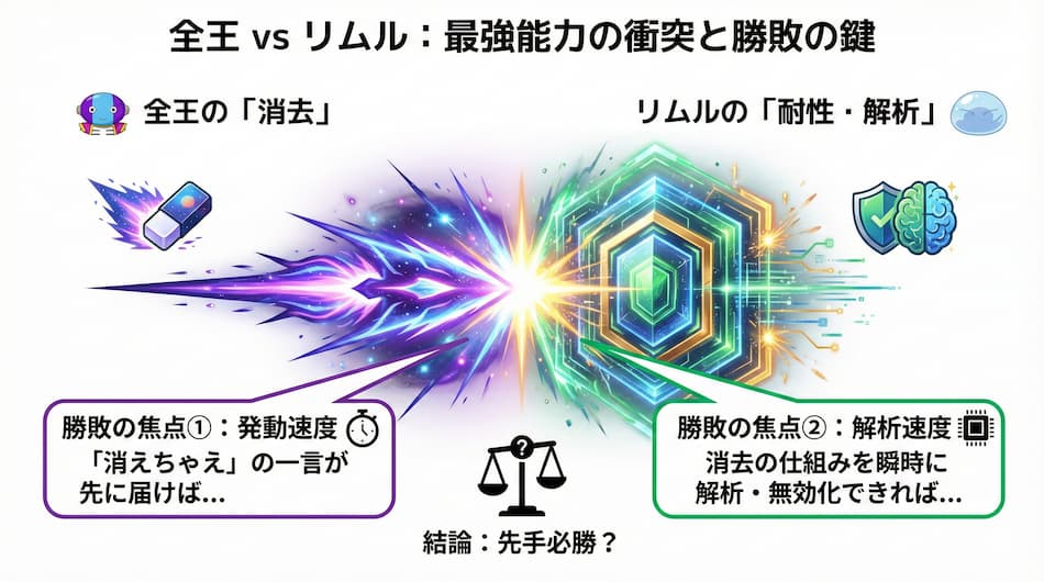 全王vsリムル：最強能力の衝突と勝敗の鍵の図解