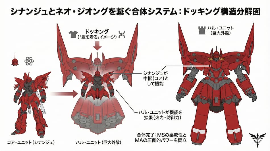 シナンジュとネオ・ジオングを繋ぐ合体システム：ドッキング構造分解図