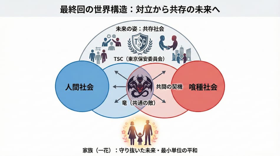 最終回の世界構造：対立から共存の未来への解説図解