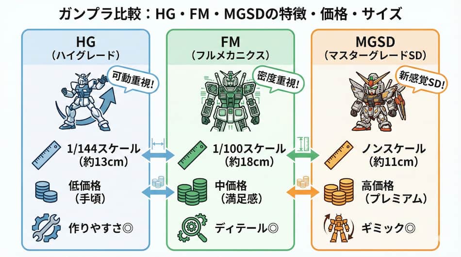 ガンプラ比較：HG・FM・MGSDの特徴・価格・サイズの図解
