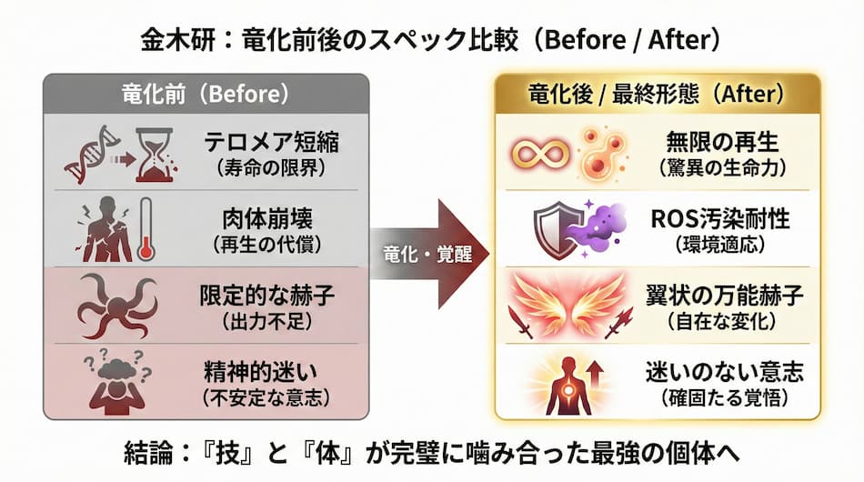 金木研：竜化前後のスペック比較表